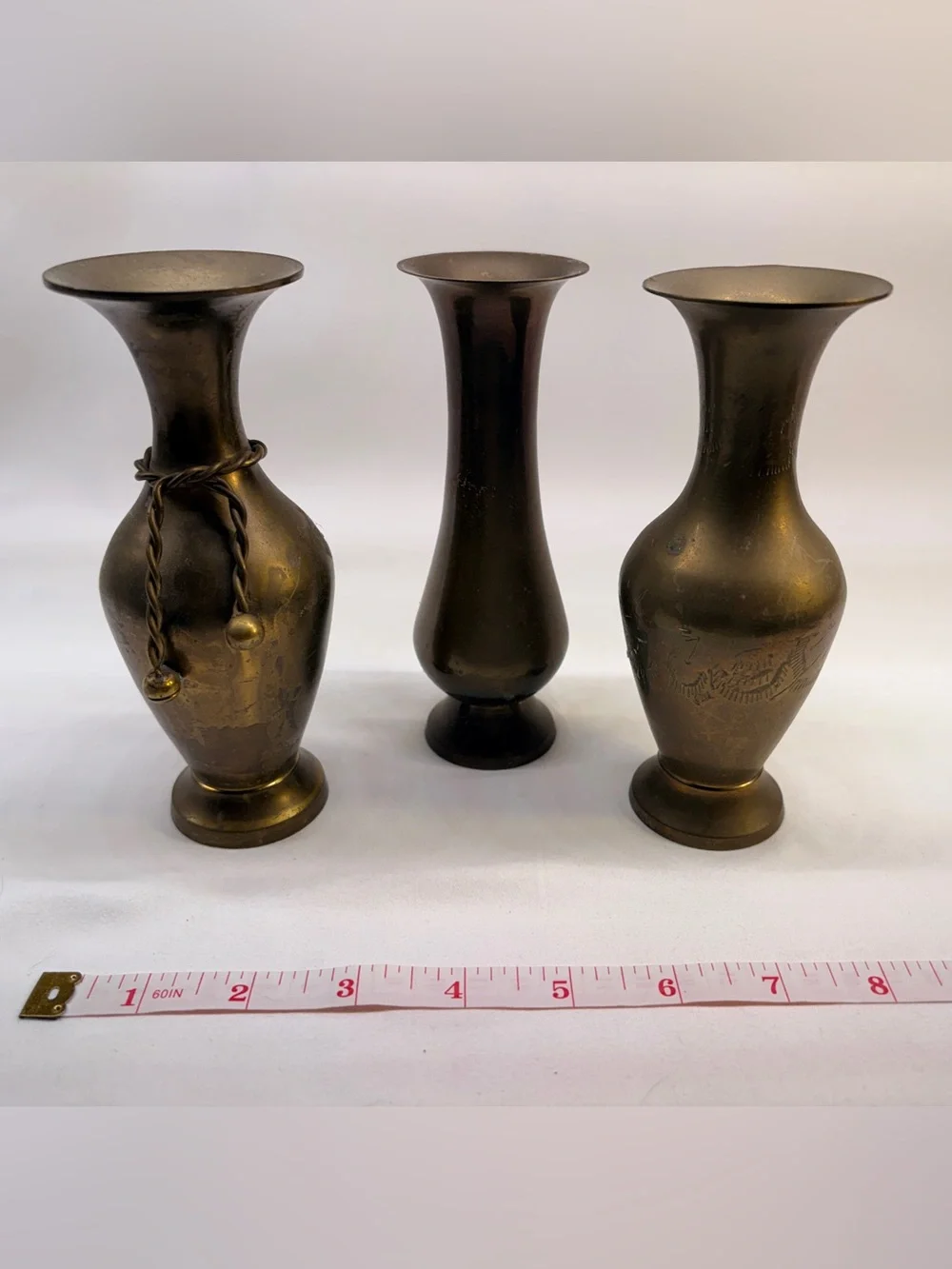 Vintage Engraved Brass Bud Vases - Set of 3 Assorted Patina Mini Vases